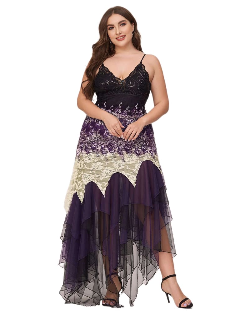 Front of a model wearing a size 12 V Neck Asymmetrical Hems Cocktail Dresses in Dark Purple by Ever-Pretty. | dia_product_style_image_id:293624